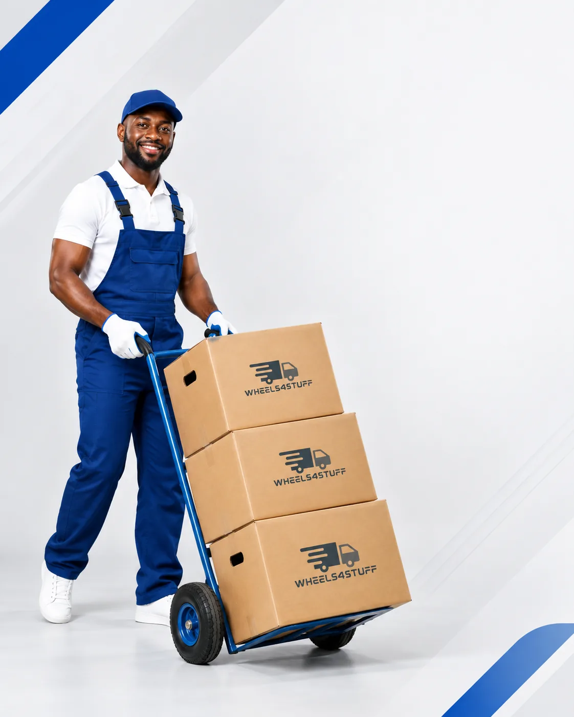 Wheels4Stuff mover transporting branded moving boxes